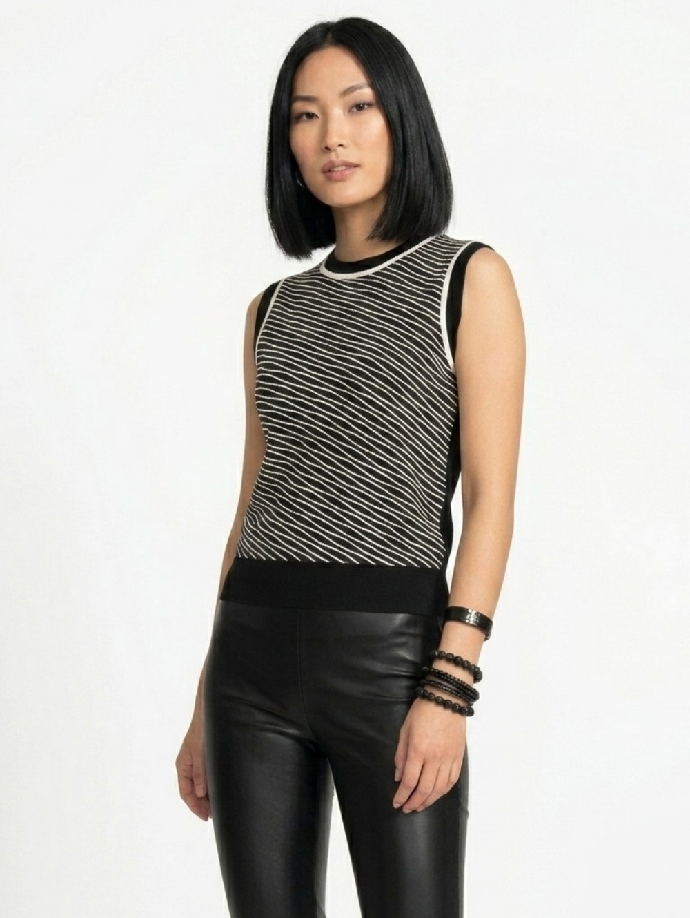 BOSS Black & White Striped Sleeveless Knit Top Small